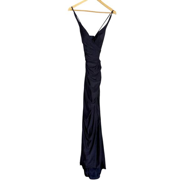 La Femme Navy Ruched Jersey V-Neck Slit Formal Gown Dress Tie Up Back Size 0 - Picture 8 of 9